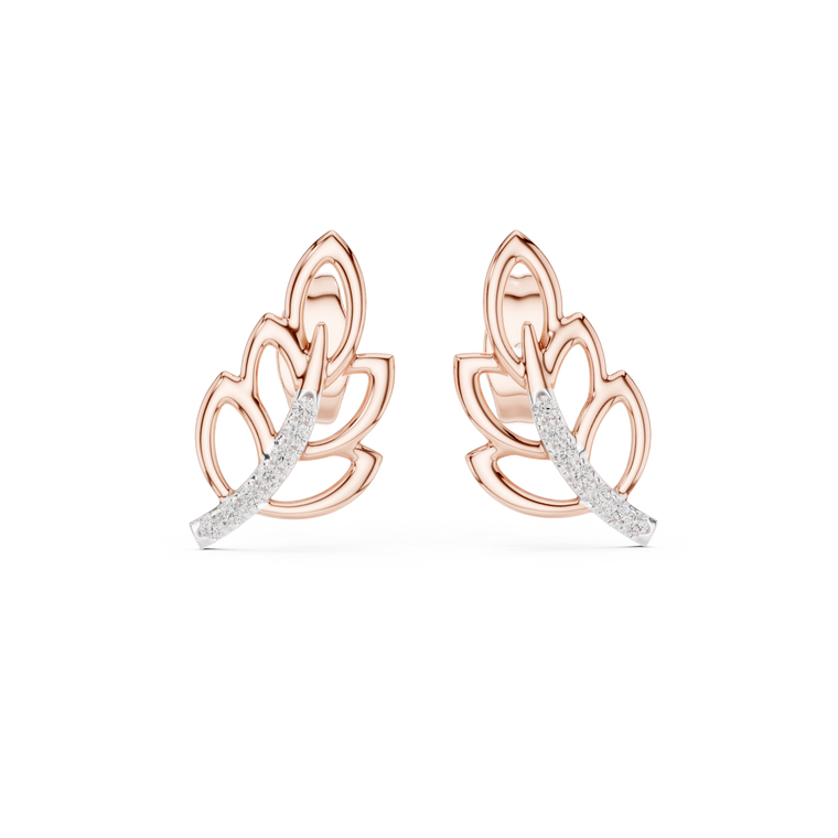 Leaf Stud Earrings with Round Accented Curve - view 2