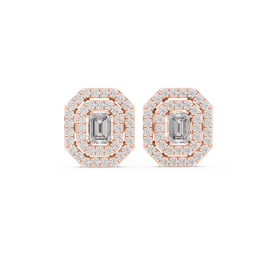 Octagonal Double Halo Emerald Cut Stud Earring - view 2