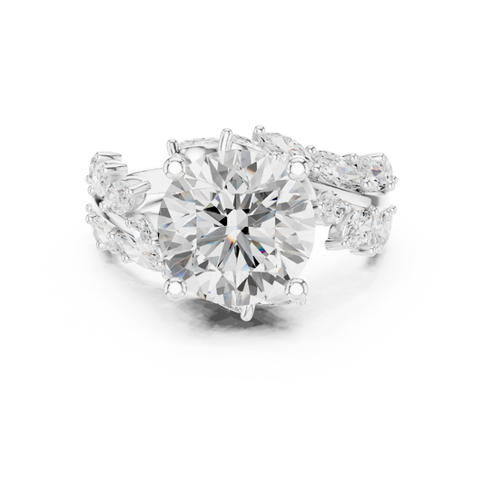 Round Brilliant Solitaire Ring with Marquise Lab Diamond Clusters - view 3