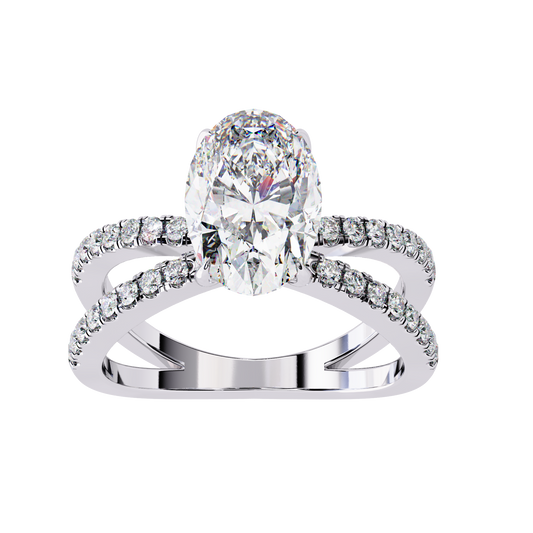 Oval Cut Lab Diamond Split Shank Wedding Ring With Double Pave Bands - view 2