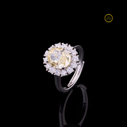 Fancy Intense Yellow Oval Halo Ring with Pave Band - view 2