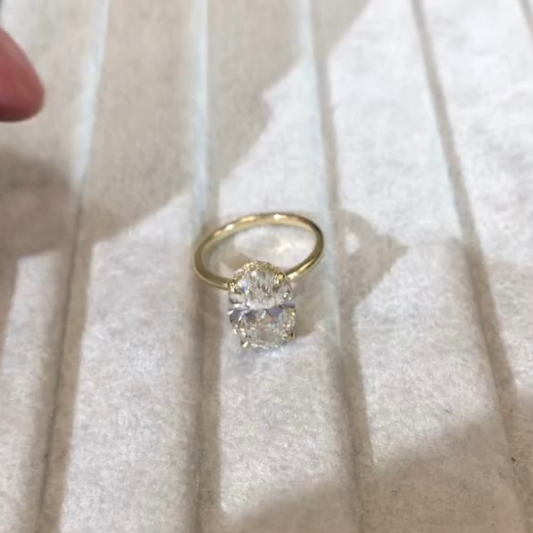 Oval Cut Lab Diamond Solitaire Hidden Halo Delicate Ring - view 4