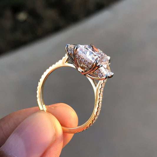Cushion Cut Lab Diamond Trapezoid Three Stone Engagement Ring - view 4