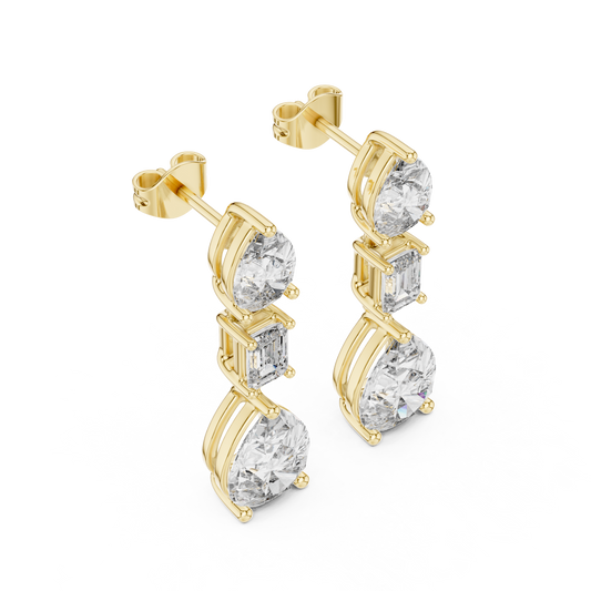 Three Stone Pear & Emerald Cut Drop Stud Earrings - view 4