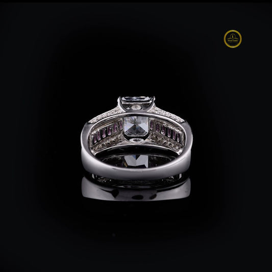 Radiant Cut Moissanite Ring With Three Row Pink Gemstone Band - view 2