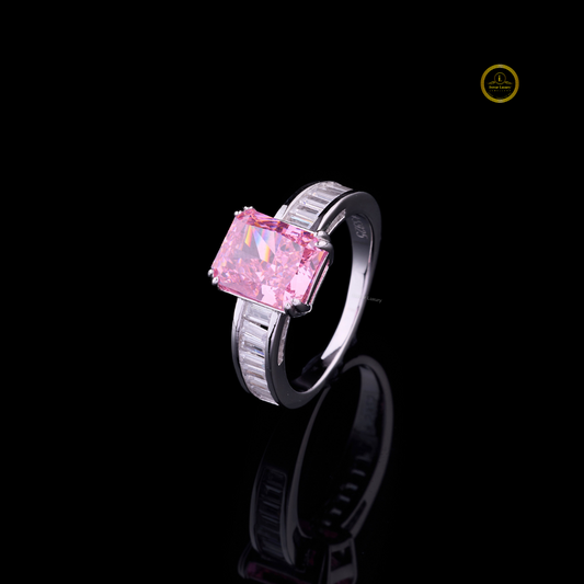 Fancy Vivid Pink Radiant Moissanite Ring With Baguette Channel Accents - view 2
