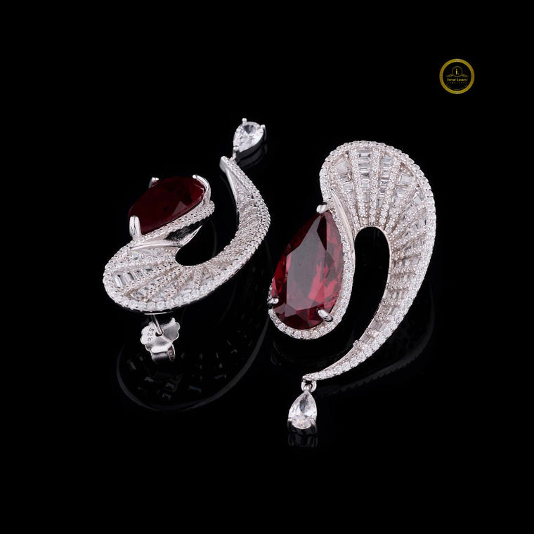 Swirl Red Gemstone Pear Drop Earrings with Pavé Accents - view 2
