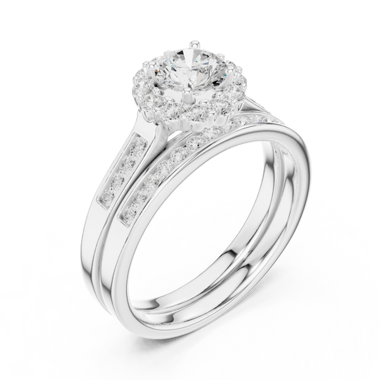 Round Cut Halo Lab Diamond Bridal Ring Set with Pavé Bands - view 4