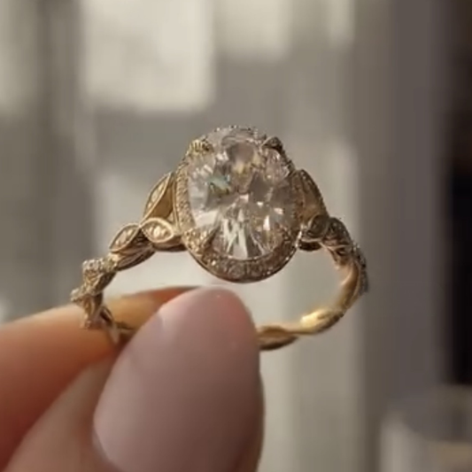 Vintage Milgrain Halo Oval Cut Moissanite Wedding Ring - view 2