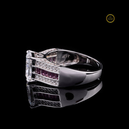 Radiant Cut Moissanite Ring With Three Row Pink Gemstone Band - view 3