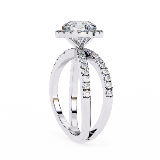 Round Brilliant Halo Moissanite Split Shank Ring - view 4