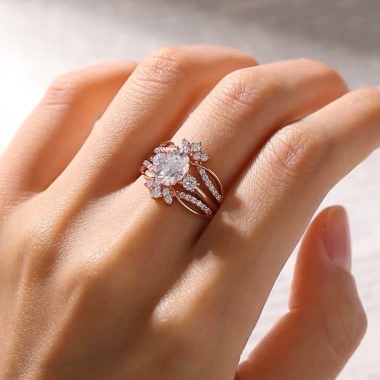 Oval Moissanite Floral Bridal Ring Set With Side Twisted Band - view 2