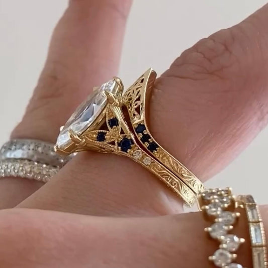 Vintage Marquise Cut Lab Diamond Bridal Ring Set - view 3