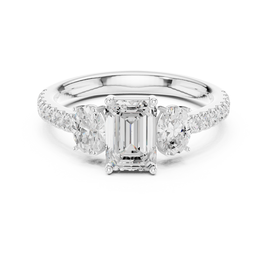 Emerald Cut Moissanite Ring with Oval Side Stones & Pave Band - view 3