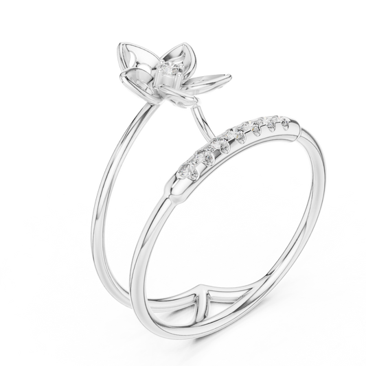 Dual Pave Band Flower Round Moissanite Ring - view 4
