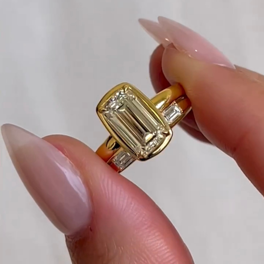 Baguette Lab Diamond Bridal Ring with Emerald Side Stones - view 3