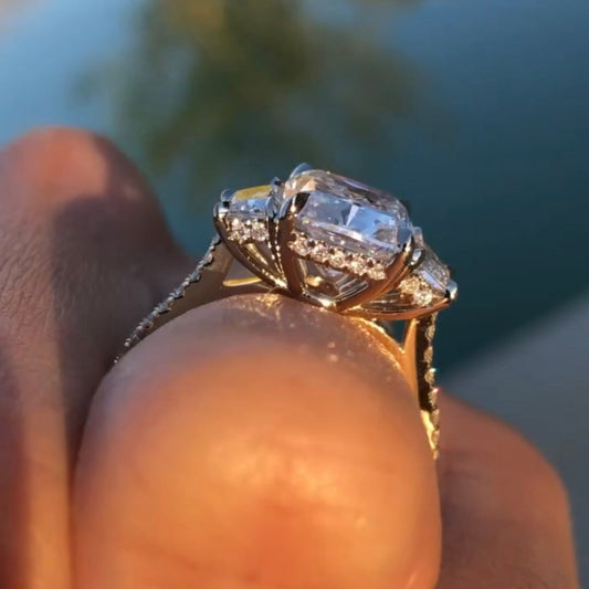 Cushion Cut Lab Diamond Trapezoid Three Stone Engagement Ring - view 2