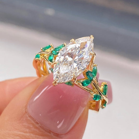 Nature Inspired Marquise Ring with Green Side Stones - view 2