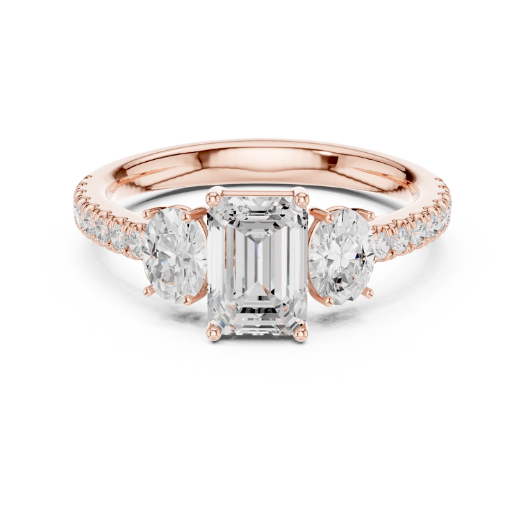 Emerald Cut Moissanite Ring with Oval Side Stones & Pave Band - view 2