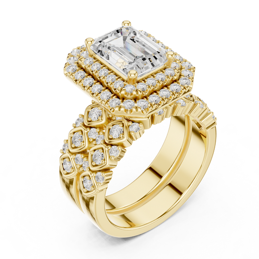 Emerald Cut Lab Diamond Halo Ring with Double Pave Setting - view 4