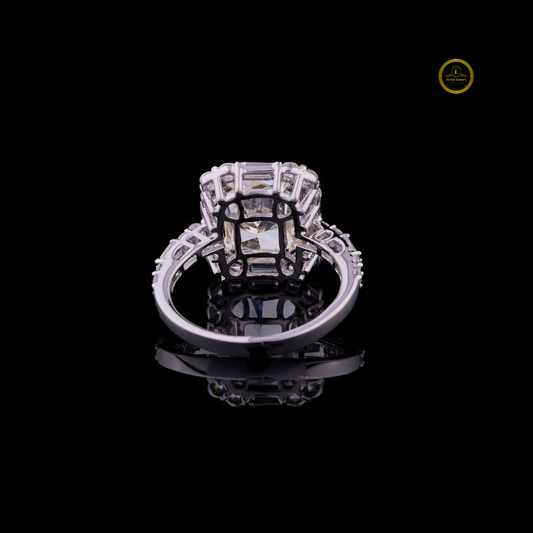 Fancy Intense Radiant Cut Moissanite Halo Ring With Baguette Side Stones - view 4
