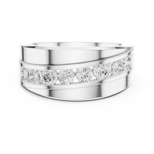 Round Cut Moissanite Men's Curved Swirl Channel Set Gold Band - view 3