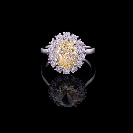 Fancy Intense Radiant Cut Lab Diamond Halo Ring With Baguette Side Stones