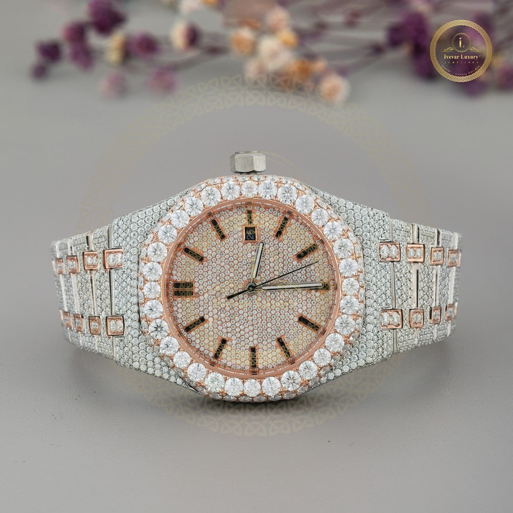 Ivevar Iced out watch for Men VVS DEF Moissanite Studded Automatic Watch Date Bust Down Moissanite Silver Rose Gold  Watch