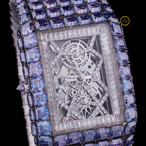 Full Iced Ascher and Baguette Cut Blue Diamond Watch in White Gold – Where Innovation Meets Luxury
