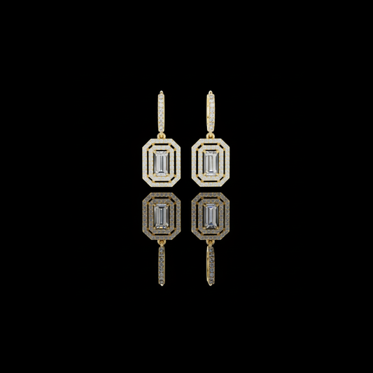 0.80 CT Glamour Baguette Cut Moissanite Diamond Halo Drop Earring in Polished Gold with Pave Hoop Accents
