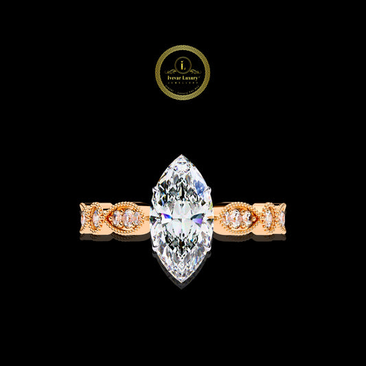 Exquisite Marquise Cut Lab Grown Diamond Ring Vintage Gold Setting by Ivevar