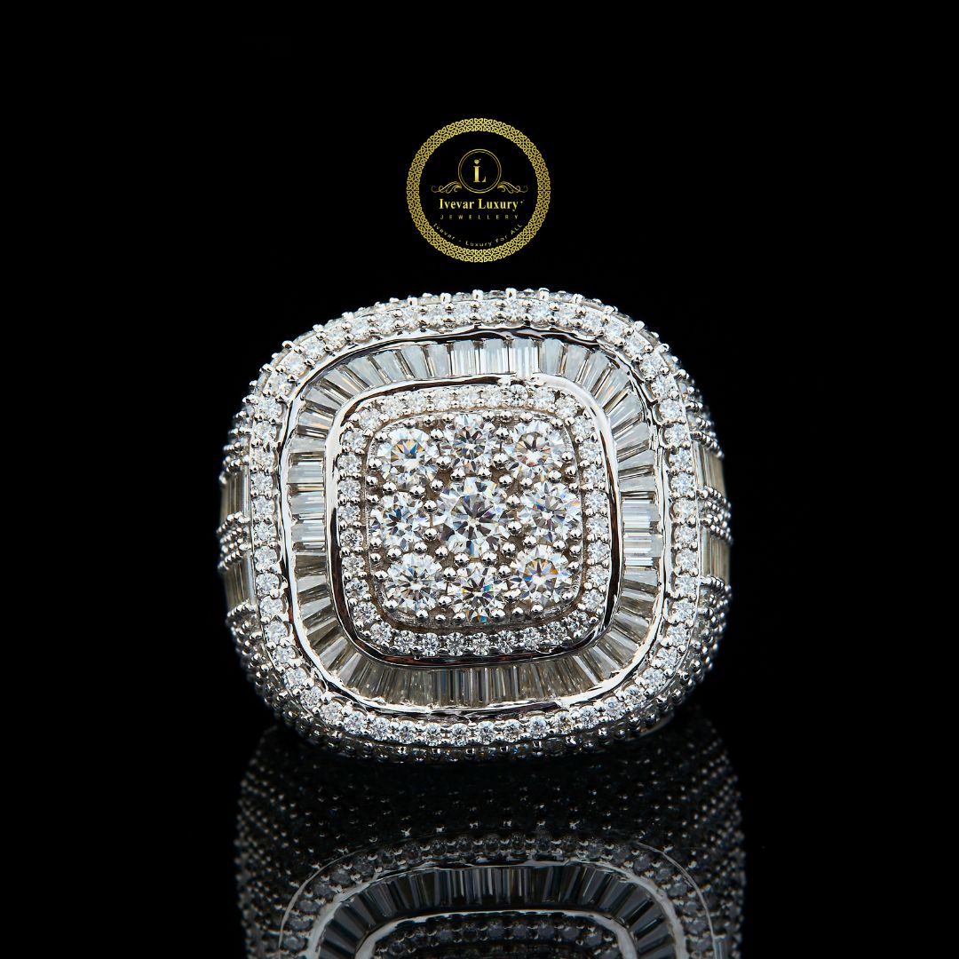 Full Silver Ice Out Round and Baguette Cut Moissanite HipHop Ring