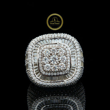 Full Silver Ice Out Round and Baguette Cut Lab Grown Diamond HipHop Ring