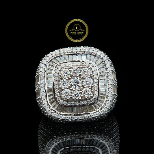 Full Silver Ice Out Round and Baguette Cut Lab Grown Diamond HipHop Ring By Ivevar