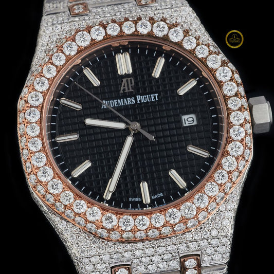 Exquisite Two-Tone Missonite Diamond-Encrusted Timepiece with Full Pavé Detailing and Elegant Black Dial (Copy)