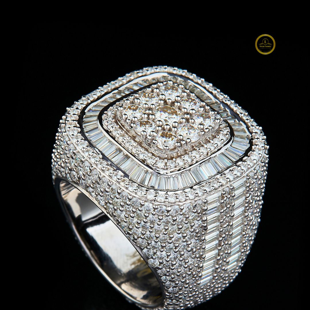 Full Silver Ice Out Round and Baguette Cut Moissanite HipHop Ring - view 2