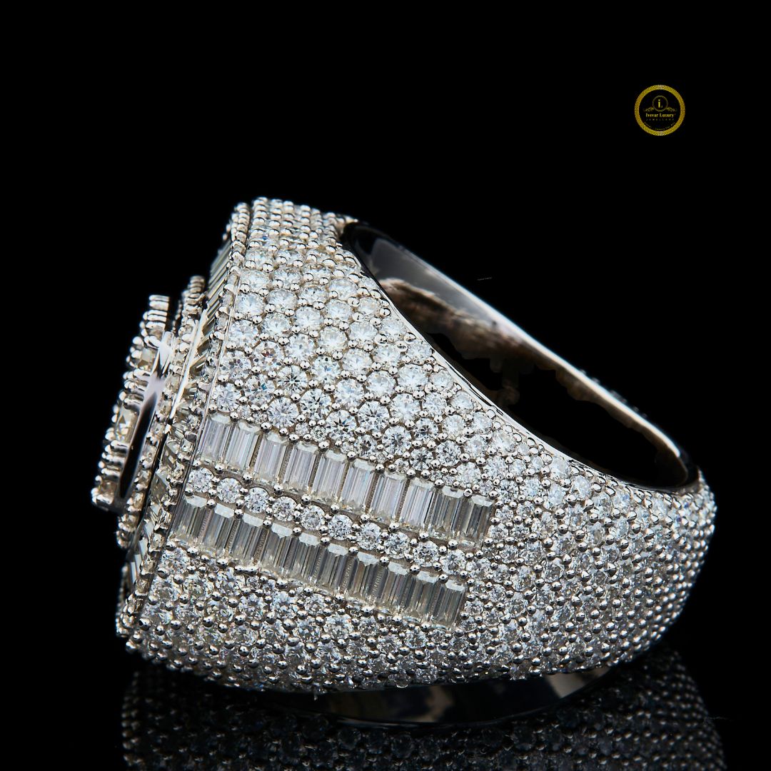 Full Silver Ice Out Round and Baguette Cut Lab Grown Diamond HipHop Ring - view 3