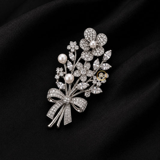 Pearl with Bow Inspire Floral Bouquet Brooch