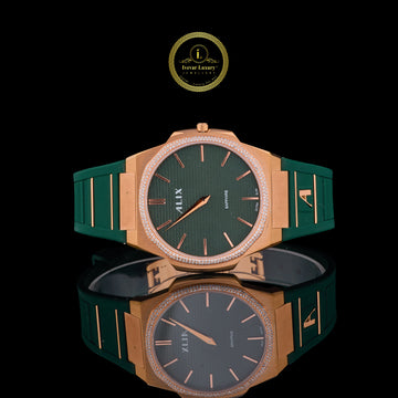 Rose Gold Green Dial Diamond Bezel Men's Rubber Strap Watch