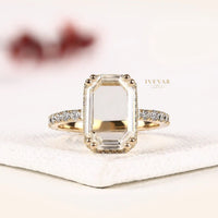 Emerald Portrait Cut Hidden Halo Moissanite Diamond Pave Ring