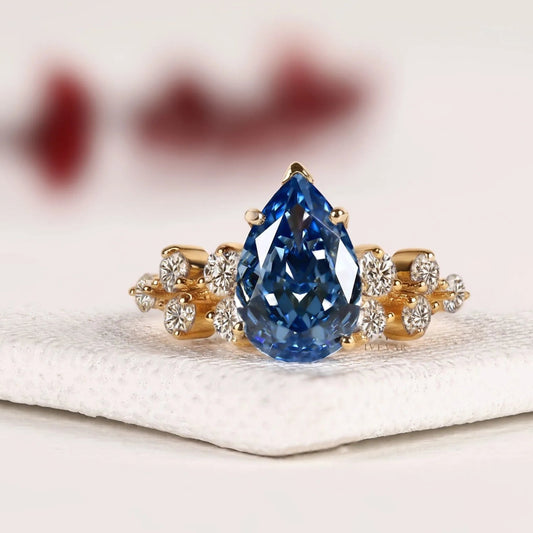 Sapphire Teardrop Moissanite Diamond Cluster Engagement Ring