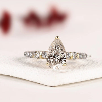 Mix Metal Pear Moissanite Diamond Pave Accent Engagement Ring