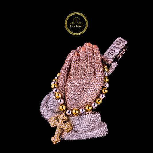 The Divine Grace Custom 3D Praying Hands Moissanite Diamond Rosary Cross Pendant