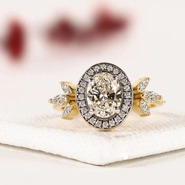 Halo Set Oval Cut Lab Grown Diamond Leaf Style Engagement Ring