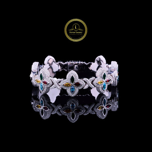 Multicolor Gemstone and Diamond Pave Clover Bracelet in Sterling Silver