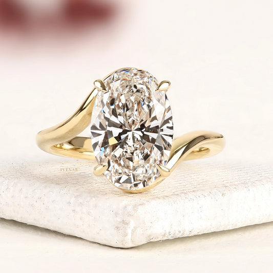 3.00 CT Eternal Grace Oval Cut Moissanite Diamond Ring Sculpted Yellow Gold Solitaire