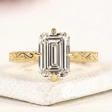 3.00 CT Emerald Cut Moissanite Solitaire Ring Vintage Inspired Gold Band with Timeless Brilliance