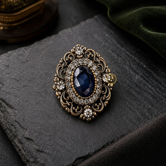 Vintage Inspired Blue Gemstone Filigree Brooch Pin