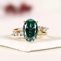 Oval Green Sapphire Three Stone Moissanite Diamond Engagement Ring