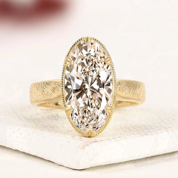 Vintage Oval Cut Lab Grown Solitaire Diamond Ring with Engraved Band